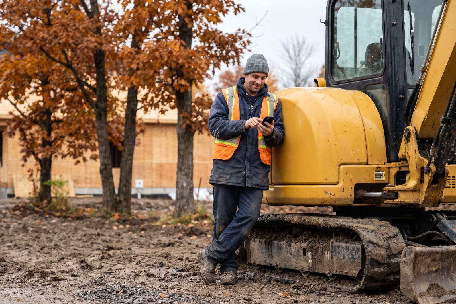 Entrepreneur en excavation à côté de sa pelle mécanique