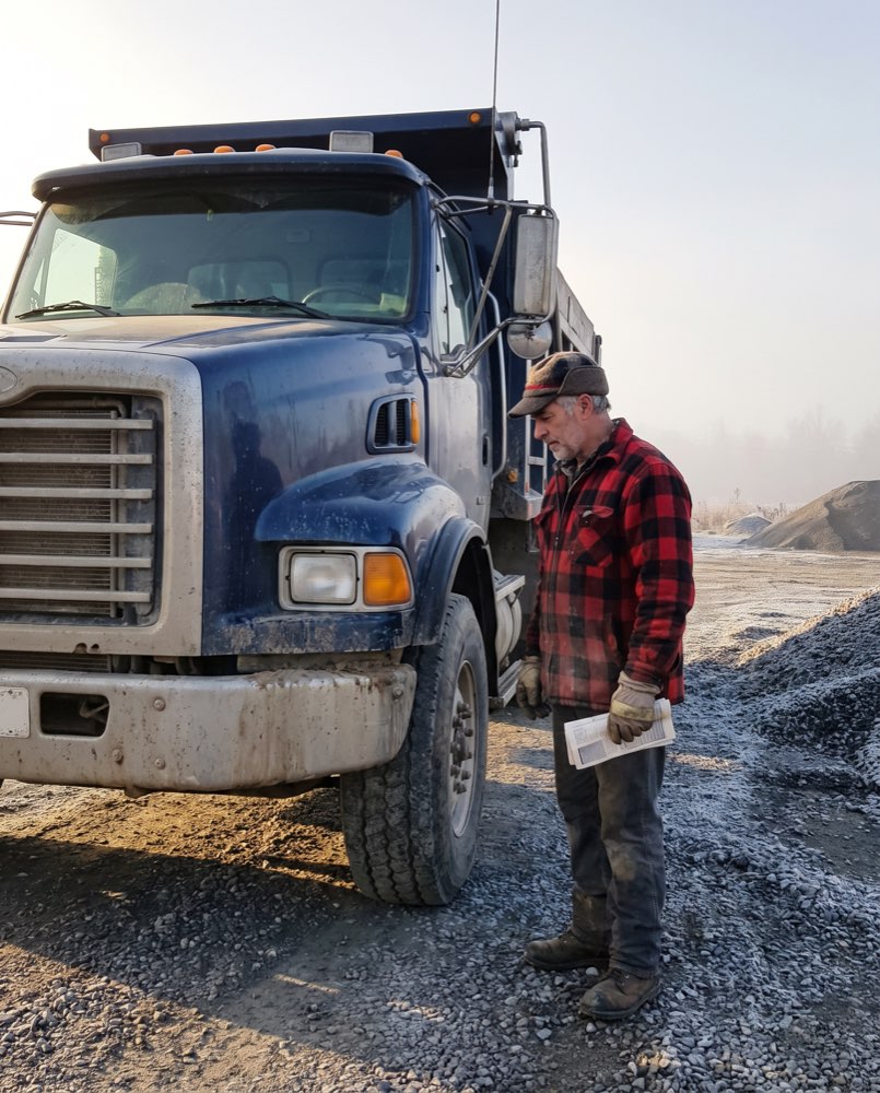 Camionneur propriétaire devant son camion-benne